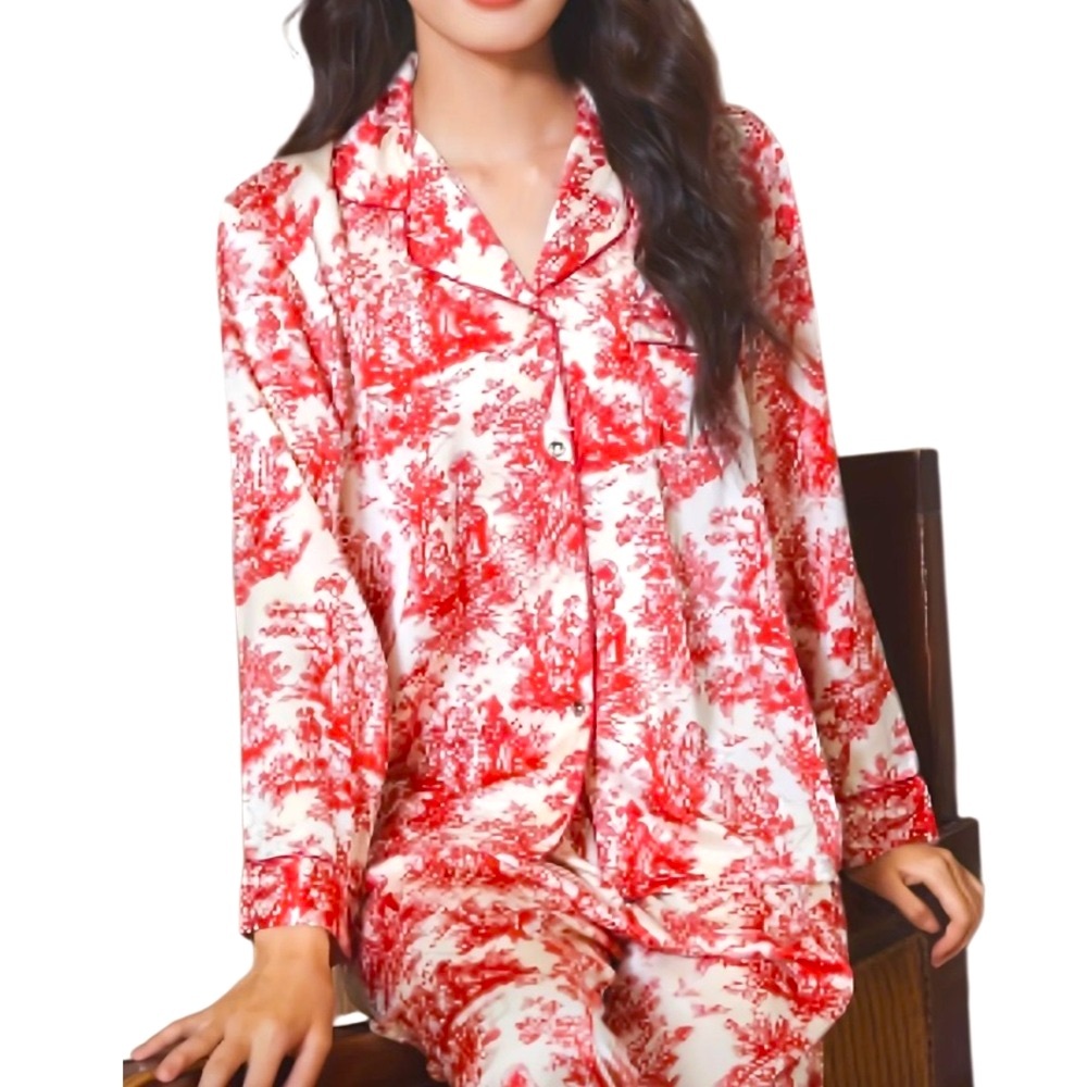 NEW CCB Red & White Satin Toile Ink-Print Button Lapel Collar Pants Pajama Set L - Picture 5 of 10